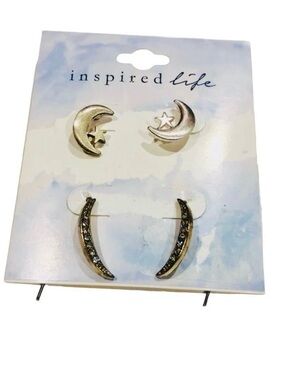 INSPIRED LIFE  Silver Set Of 2 Moon  Studded Earrings w/ Rhinestones NWT